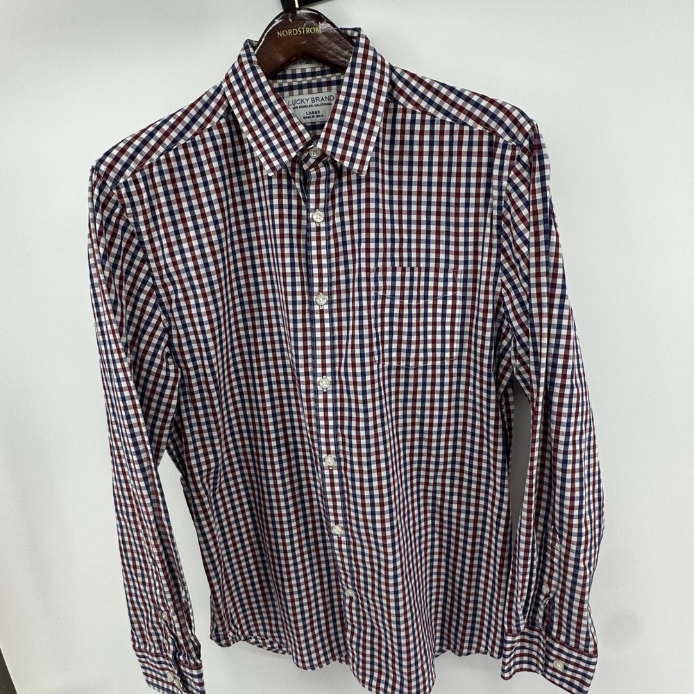 Lucky Brand Mens Large Gingham Button Down Shirt Navy‎ Burgundy White Label Fit